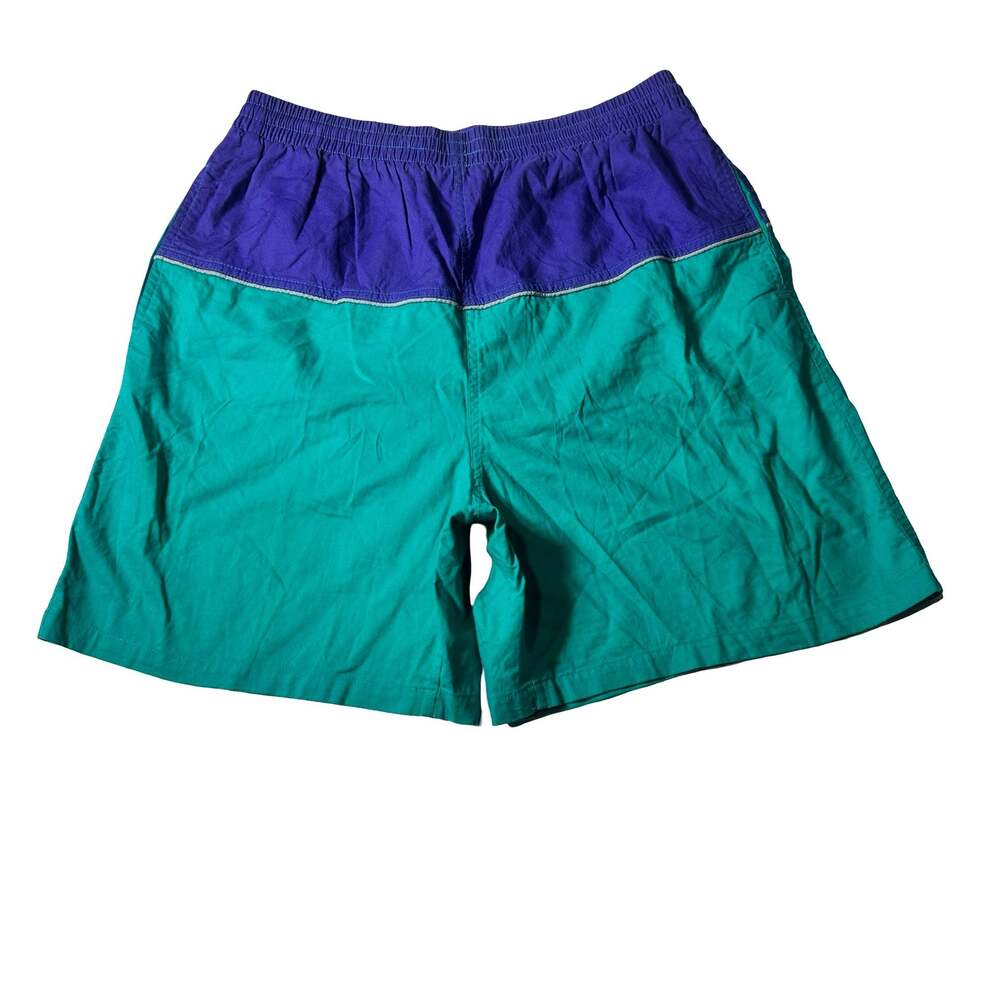 Vintage Basic Editions Colorblock Swim Trunks Short Teal Purple Mesh Lined Men L